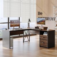 Bestier - L-Shaped Computer Desk with Monitor Stand - Brown - Large Front