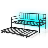 Costway Twin Size Daybed with Pop-up Trundle Charging Station & LED Lights for Living Room - Black - Large Front