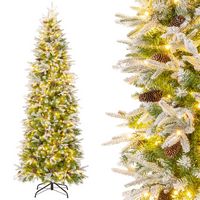 Costway - 7.5 FT Flocked Christmas Tree with 913 PE PVC Branch Tips 350 Warm White LED Lights - G... - Large Front