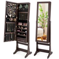 Costway - Mirrored Jewelry Cabinet Organizer Storage Stand with LED Lights Clearance - Brown - Large Front
