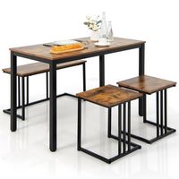 Costway 4 Piece Dining Table Set Industrial Kitchen Table Set W/ Bench & 2 Stools for 4 - Brown - Large Front