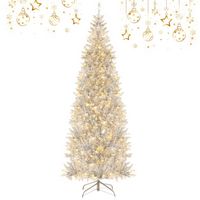 Costway - 7FT Pre-lit Artificial Tinsel Xmas Tree with 1030 Branch Tips 400 LED Lights - Silver - Large Front