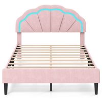 Costway Full Size Upholstered LED Bed Frame Soft Velvet Platform Bed with Flower Headboard - Pink - Large Front