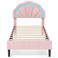 Costway Twin Size Upholstered LED Bed Frame Soft Velvet Platform Bed with Flower Headboard - Pink - Large Front