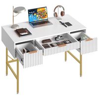 Bestier 47inch Fluted Vanity Makeup Desk Big Computer Gaming Desk with 3 Drawers - White - Large Front