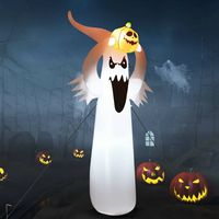 Costway - 6FT Halloween Inflatable Blow Up Ghost w/ Pumpkin LED Lights Yard Decoration - White/Black - Large Front