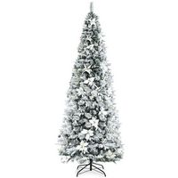 Costway - 8ft Snow Flocked Christmas Pencil Tree w/ Berries & Poinsettia Flowers - Green/White - Large Front