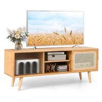 Modern TV Stand Entertainment Center Media Console w/Rattan  Glass Sliding Doors - Large Front