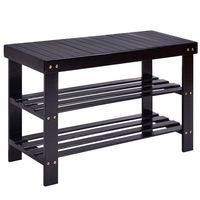 Costway - 3 Tier Bamboo Shoe Rack Bench Storage Shelf Organizer Entryway Home Furni - Black - Large Front
