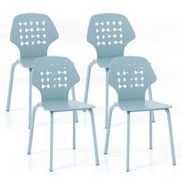 Costway Metal Dining Chair Set of 4 Armless Kitchen Hollowed Backrest & Metal Legs - Blue - Large Front