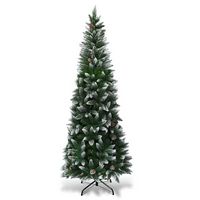 Costway - 7.5ft Snow Flocked Pencil Christmas Tree Hinged Pine Cones - Green/White - Large Front