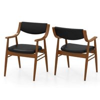 Costway PU Leather Dining Chair Set of 2 with Padded Seat & Back Armrests Rubber Wood Frame - Black - Large Front