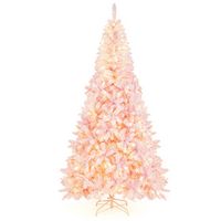 Costway - 7.5FT Pre-Lit Snow Flocked Christmas Tree 1100 Tips with 450 Lights & 8 Modes - Pink - Large Front