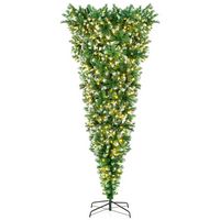 Costway - 7.5FT Pre-Lit Snowy Upside Down Christmas Tree 1100 Tips w/ 400 Lights & 8 Modes - Green - Large Front
