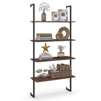 Costway - 4-Tier Ladder Shelf Bookshelf Industrial Wall Shelf w/Metal Frame Rustic - Brown - Large Front