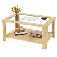 Costway 2-Tier Coffee Table with Tempered Glass Tabletop & Storage Shelf Rounded Corners - Natural - Large Front