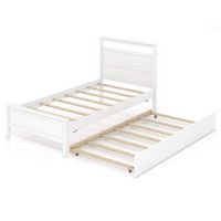Costway Twin Size Platform Bed with Trundle Pull-out Trundle Headboard & Footboard - White - Large Front