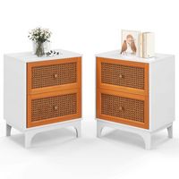 Costway 2 PCS Rattan Nightstand with Storage Wood End Sofa Side Table with 2 drawers Wood Legs - ... - Large Front