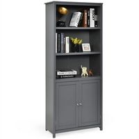 Costway - Bookcase Shelving Storage Wooden Cabinet Unit Standing Bookcase W/Doors - Gray - Large Front