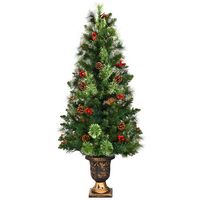 Costway - 3ft Pre-Lit Christmas Entrance Tree In Urn w/ 40 LED Light Red Berries Pine Cone - Green - Large Front