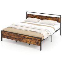 Costway King Size Bed Frame with Wooden Headboard and Footboard Under-Bed Storage - Brown - Large Front