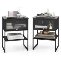 Costway 2 PCS Home Nightstand 3-Tier Storage Table with Door Open Shelf Heavy-duty Metal Frame - ... - Large Front