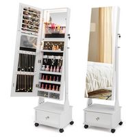 Costway - Jewelry Cabinet Armoire Full-Length Mirror Lockable with 3-Color LED Lights - White - Large Front