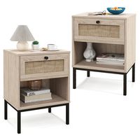 2PCS Rattan Nightstand Boho End Table with  Drawer & Open Shelf for Living Room - Large Front