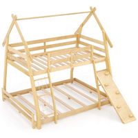 Costway Twin Over Queen Bunk Bed House Shaped Bed Frame with Climbing Nets and Ramp - Beige - Large Front