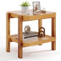 Costway 1 PCS End Table with Tempered Glass Top Acacia Wood Legs Rattan Storage Shelf - Brown - Large Front