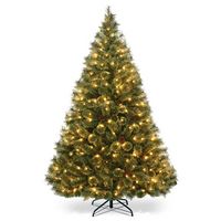 Costway - 6Ft Pre-Lit PVC Artificial Carolina Pine Tree Flocked Cones Hinged w/ LED Lights - Green - Large Front