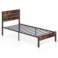 Costway Twin Bed Frame with Tall Industrial Headboard Heavy-Duty Metal Slats Support - Brown - Large Front