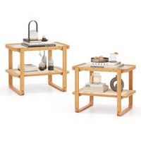 Costway 2 PCS Bamboo Side Table Rattan Shelf Glass Top Nightstand Small Sofa End Table - Natural - Large Front
