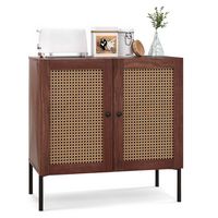 Costway - Rattan Buffet Sideboard  Cabinet Cupboard with Adjustable Shelf Walnut - Walnut - Large Front