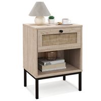 Costway - Rattan Nightstand Boho End Table with Drawer & Open Shelf for Living Room - Oak - Large Front