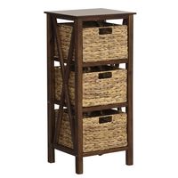 1 PC 3-Tier Nightstand with 3 Seagrass Baskets Rubber Wood X-Shaped Frames 3 Drawers - Large Front