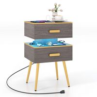 Costway 1 PCS Nightstand with Charging Station Bedside Sofa Side Tables with 2 Drawers - Grey + Gold - Large Front