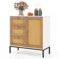Costway Rattan Buffet Sideboard with 3 Drawers & 1 Door Sturdy Metal Legs Storage Cabinet - White... - Large Front