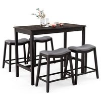 Costway 5PCS Bar Table Set Counter Height Table & Upholstered Saddle Stools Set for 4 - Black/Gray - Large Front