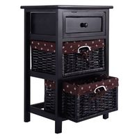 Costway - Night Stand 3 Tiers 1 Drawer Bedside End Table Organizer Wood with 2 Baskets - Black - Large Front