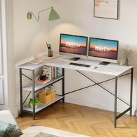 Bestier - L-Shaped Computer Desk with Storage Shelves - Retro Grey Oak - Large Front