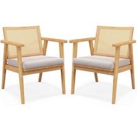 Costway Mid Century Modern Accent Chairs Set of 2 with Breathable Rattan Back Dining Room - Natural - Large Front