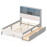 Costway Full Size Bed Frame with Bookcase Headboard Storage Bed with LED Lights - Gray - Large Front