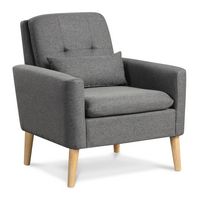 Costway - Mid-Century Modern Linen Accent Chair with Lumbar Pillow - Grey - Large Front