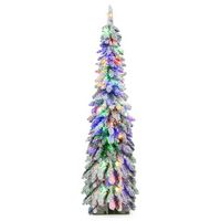 Costway - 5 FT Pre-Lit Slim Christmas Tree Flocked Xmas Decoration 11 Modes 150 LED Lights - Gree... - Large Front