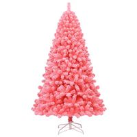 Costway - 7.5ft Snow Flocked Hinged Artificial Christmas Tree with Metal Stand - Pink - Large Front