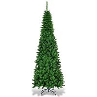 Costway - 7.5ft Pre-Lit Hinged Pencil Christmas Tree 350 White Lights - Green - Large Front