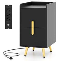 Costway Nightstand with Charging Station Home Bedside Sofa Side Tables with 2 Drawers Cafe - Black - Large Front