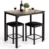 Costway 3 PCS Counter Height Dining Set Faux Marble Table 2 Chairs Kitchen Bar - Brown - Large Front