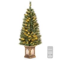 Costway - 1 PCS 4 FT Pre-Lit Potted Christmas Tree Pine Needles 3 Dynamic Modes Remote Control - ... - Large Front